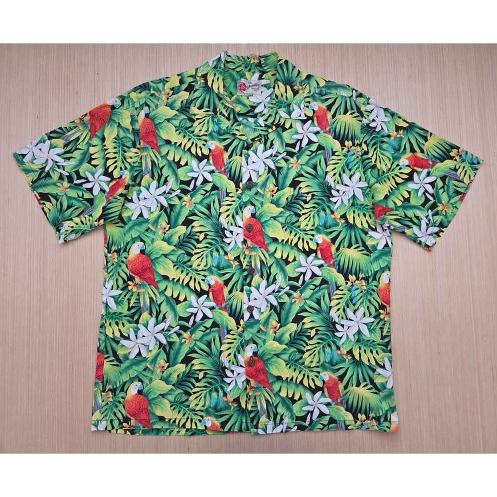 Vtg Hilo Hattie The Hawaiian Original Shirt Men's L  Parrot Green Tropical Print